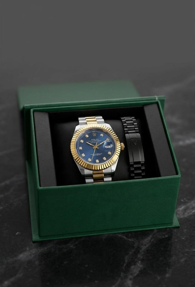 Luxury Men's Two-Tone Royal Blue Dial Watch with Matching Black Oyster Bracelet Set