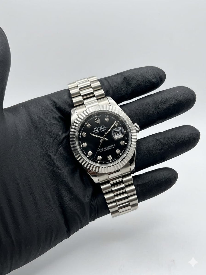 Rolex Pure Black And Silver Stainless Steel Watch – Premium Design