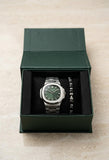 Executive Emerald Green Dial Silver Watch with Matching Black Beaded Bracelet Set