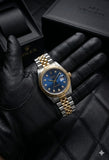 Luxury Men's Two-Tone Royal Blue Dial Watch with Matching Black Oyster Bracelet Set